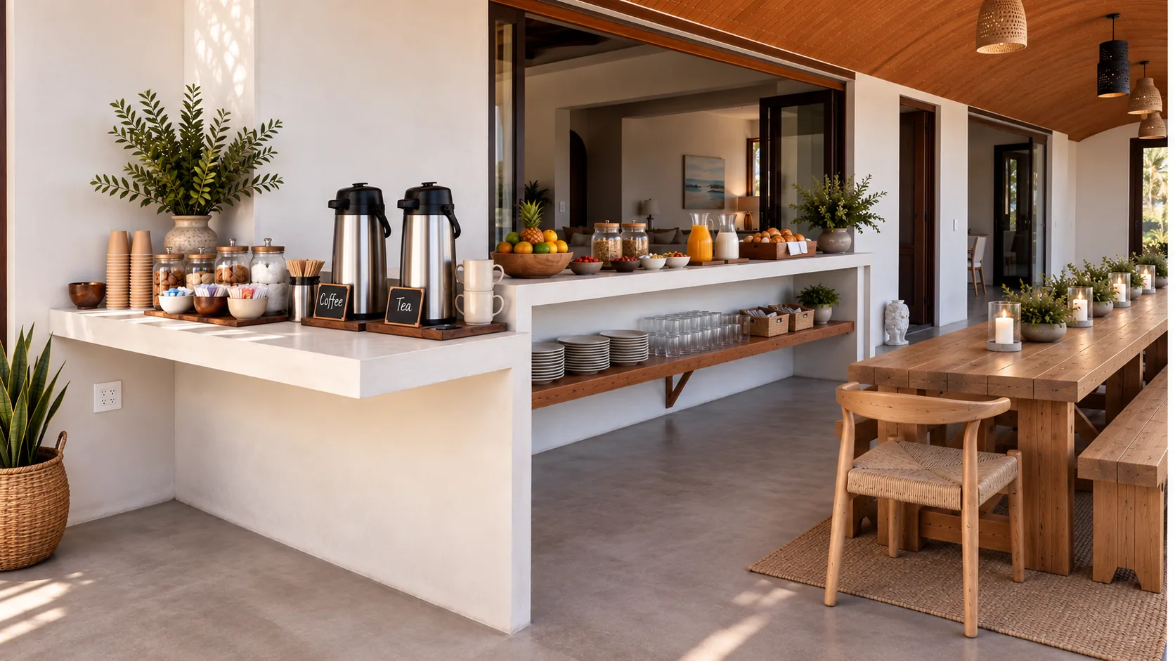 Desayuno y café preparados en el comedor al aire libre