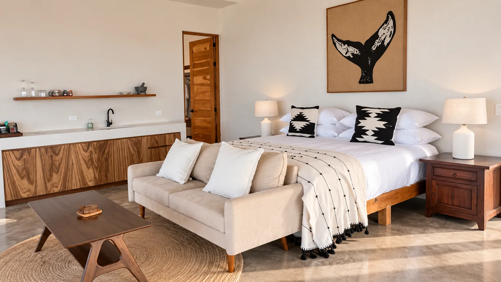 Recámara luminosa con sofá y muebles de madera