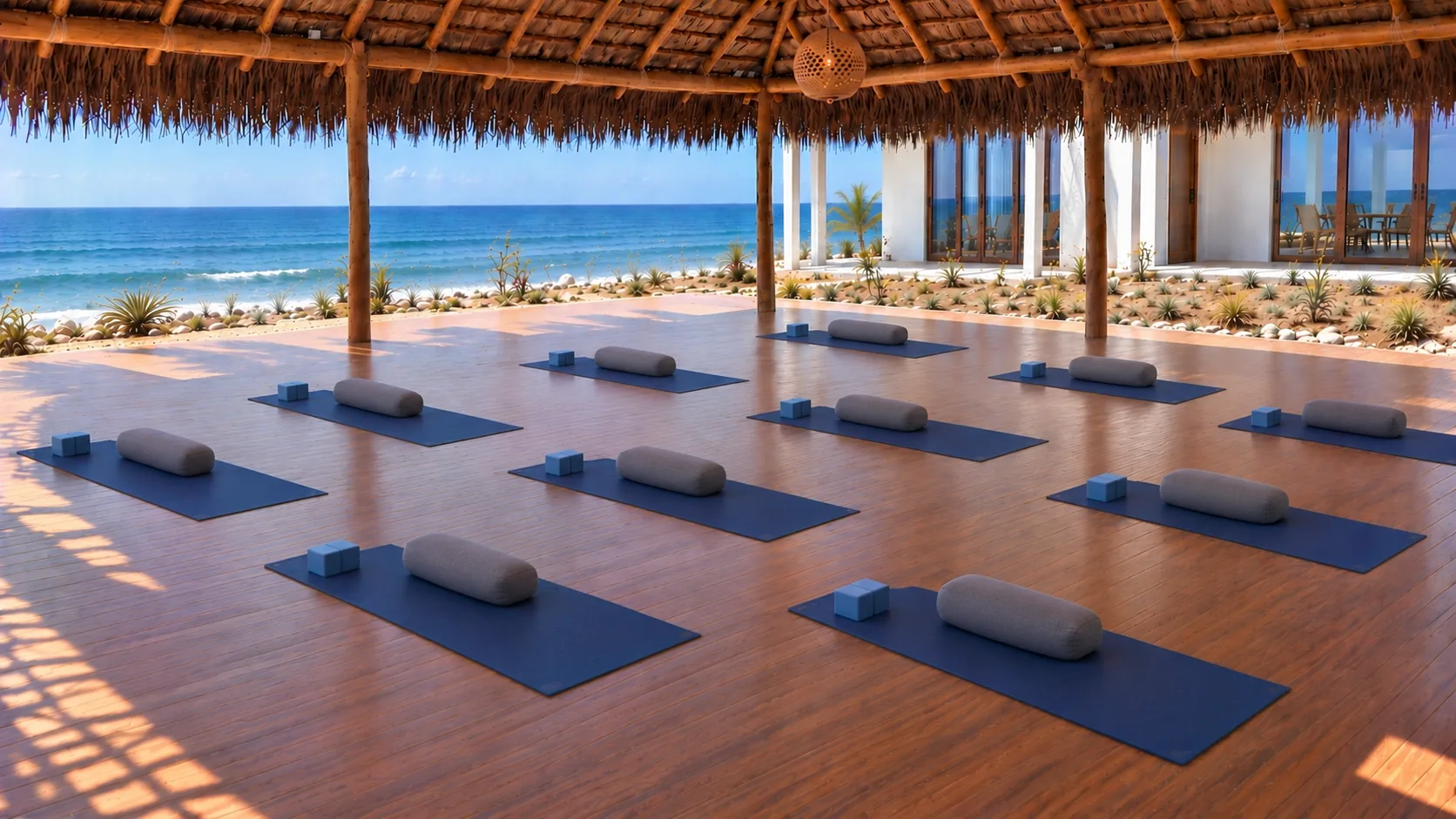 Tapetes de yoga y cojines de meditación bajo la palapa frente al mar