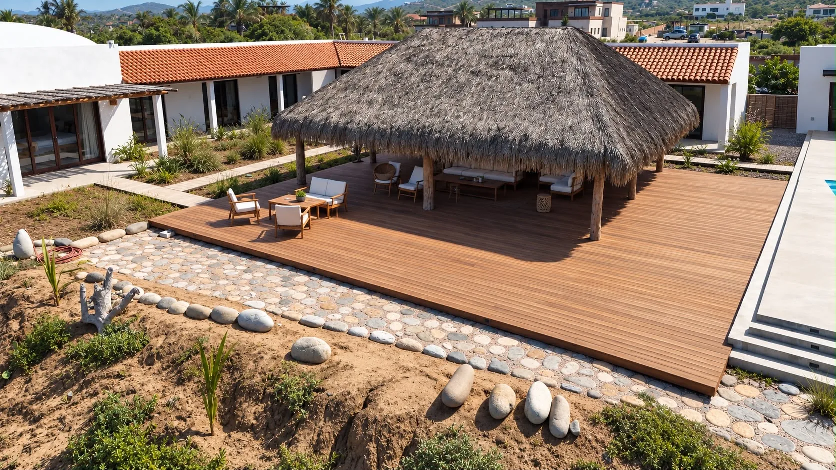 Terraza de la palapa, áreas de descanso al aire libre y jardines junto a la playa