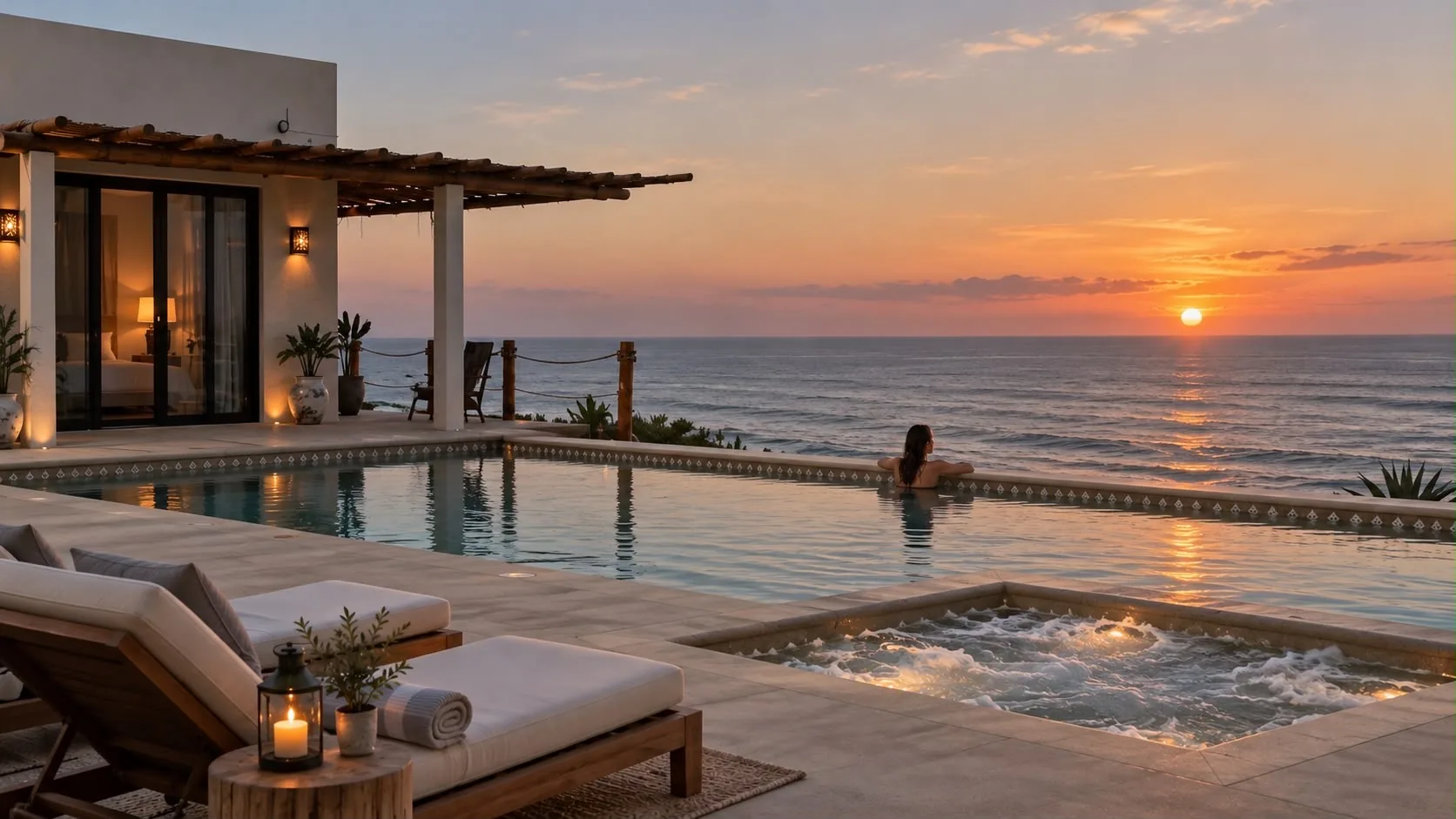 Alberca y jacuzzi con vista al atardecer sobre el Pacífico