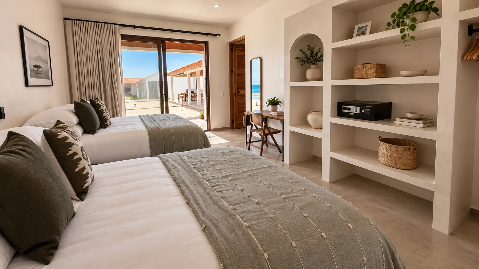 Habitación para retiros con dos camas y acceso al patio
