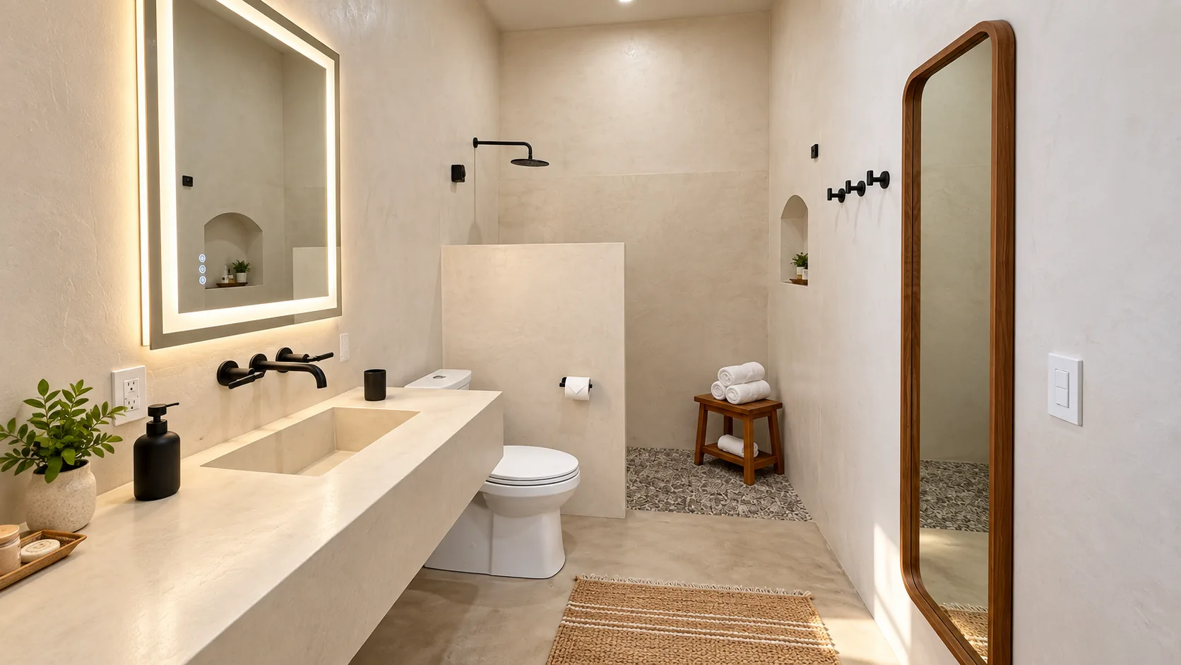 Baño privado con mueble de lavabo amplio y regadera